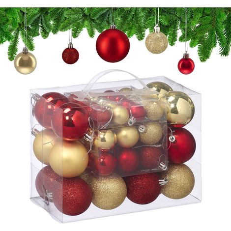 Relaxdays Palline di Natale, 50 Palle Albero, Addobbi Natalizi, Opache, Lucide e Glitter, ∅ 3, 4 e 6 cm, Oro Rosso (1/5)
