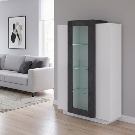 Dmora - Vitrina Dfrutt, Aparador con tres puertas, Mueble de salón multiusos, 100% Made in Italy, cm 80x38h121, Blanco Brillo y Pizarra
