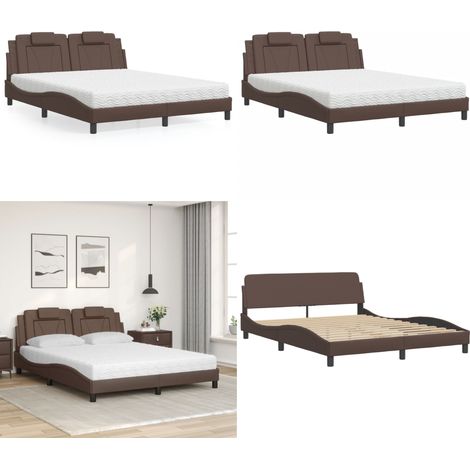 Lit Viana avec matelas marron 160x200 cm similicuir - Matelas en mousse - Coussin de tête (1/5)