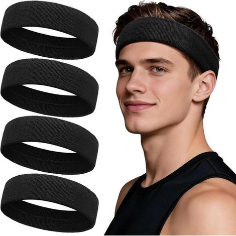 4-teiliges Set schwarzer Sport-Stirnbänder, saugfähiges Frotteematerial, elastisch und rutschfest, für Fitness und Laufen. (1/5)