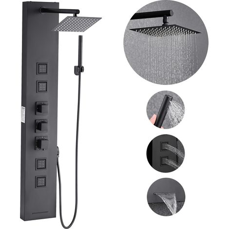 Colonne de douche avec pommeau de douche effet pluie, système de panneau de douchette mural en acier inox brossé, robinet 4 fonctions, avec 4 jets corporels, douchette à main et bec de baignoire (1/5)