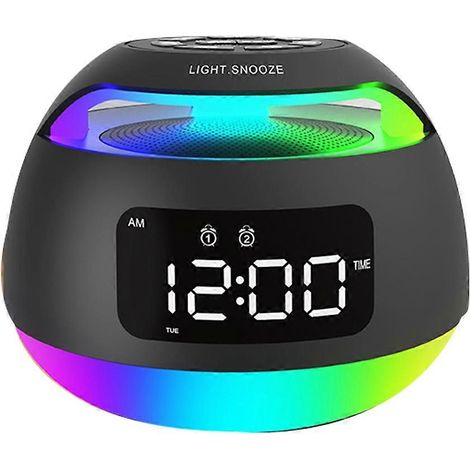 Radio-réveil LED portable avec éclairage RGB multicolore, récepteur radio, haut-parleur Bluetooth sans fil, double alarme et fonction snooze. (1/5)