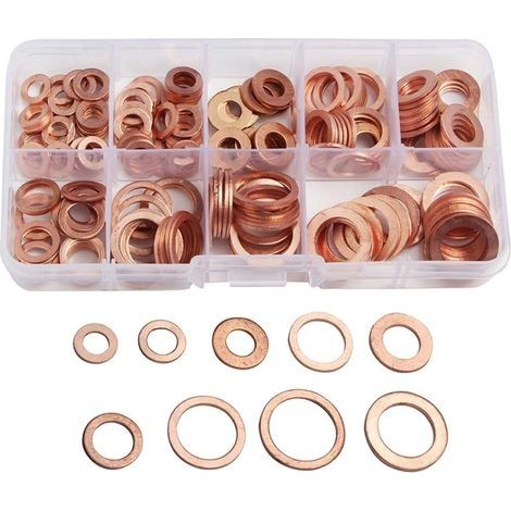 200pcs Rondelle Flat en Cuivre Ring Métriques Coffret de Rondelle Joint Assortiment 9 Tailles M5-M14 Avec Boîte Joint de Bouchon de Puisard Huile Outil Accessoires (1/5)