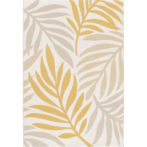 Indoor/outdoor rug with beige and mustard plant pattern, recycled polyester, Bloom, 230x160x1 cm
