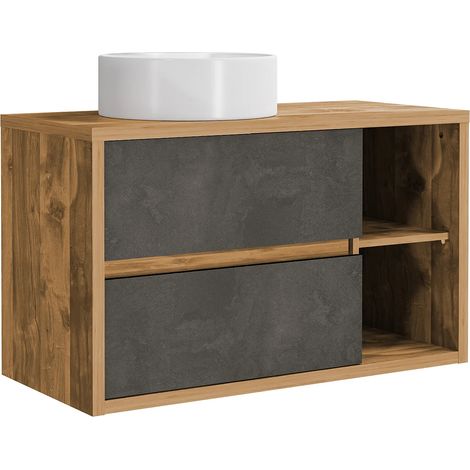 Vente-Unique – Meuble de salle de bain suspendu avec vasque ronde – Coloris naturel et anthracite – 100 cm – 2 tiroirs soft close – Éco-responsable (1/5)