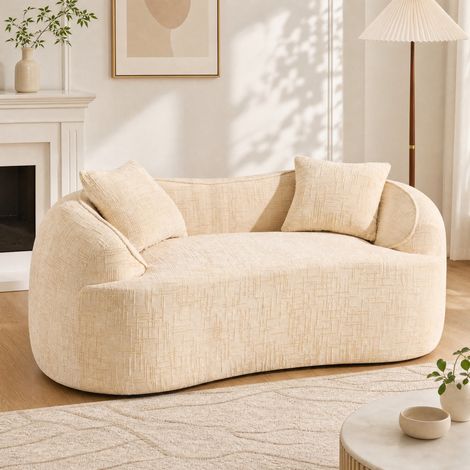 Divano curvo 2 posti con braccioli e 2 cuscini, 170 x 91 x 78 cm, beige, OKWISH (1/5)