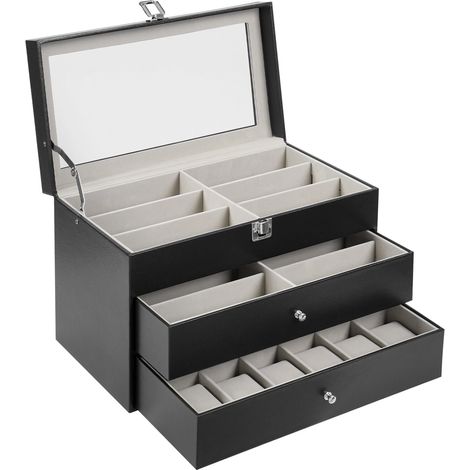 Caja de tres capas para relojes+caja de gafas, caja para guardar 12 gafas y 12 relojes, caja de almacenamiento para gafas, gafas de sol, exposición, para almacenamiento y visualización