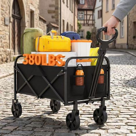 HAUSPROFI,Foldable Garden Trolley,Max. load 200KG/220L,Wheels for rough terrain,Adajustable handle,With side pockets,For camping, beach, garden, shopping