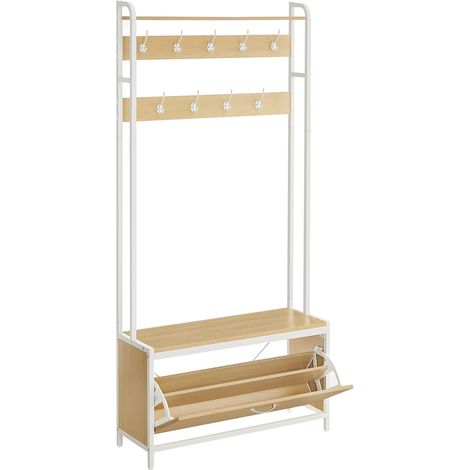 Étagère à chaussures avec armoire à chaussures, portant à vêtements avec banc, portant à vêtements, bascule-chaussures, 9 crochets, étagère supérieure, couloir, chambre, design moderne, chêne blanc HS (1/5)