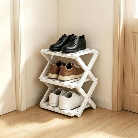 Petite étagère à chaussures, étagère à chaussures pliable en bambou, petite armoire à chaussures pour entrée, chambre à coucher, placard, coin salon, aucune installation nécessaire (blanc ivoire, 3 (1/5)