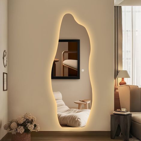WDWRITTI LED Standspiegel 60x165 cm Ganzkörperspiegel mit Beleuchtung Asymetrischer Spiegel mit Beleuchtung für Ankleidezimmer, Schlafzimmer, Wohnzimmer, Friseursalon