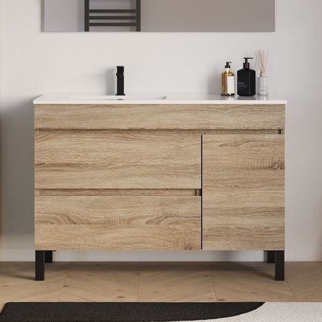 Meuble de salle de bain 120cm sur pieds avec vasque déportée à gauche - sans miroir - porte et tiroirs - cambrian (chêne clair) - LAZARO (1/5)