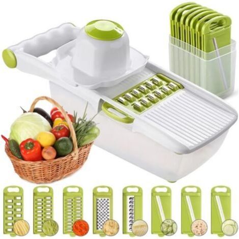 Mandoline tout-en-un, coupe-fruits et légumes, coupe-légumes multifonction, acier inoxydable interchangeable avec récipient alimentaire (1/5)