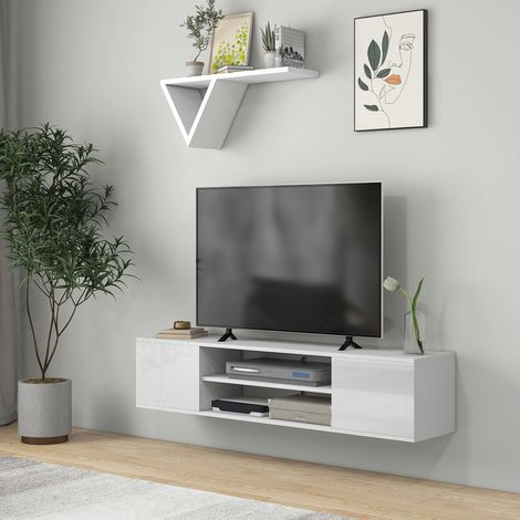 Mueble de TV mural de estilo contemporáneo con 2 armarios, 2 nichos centrales y 2 orificios para la gestión de cables, 140 x 30 x 30 cm, blanco.