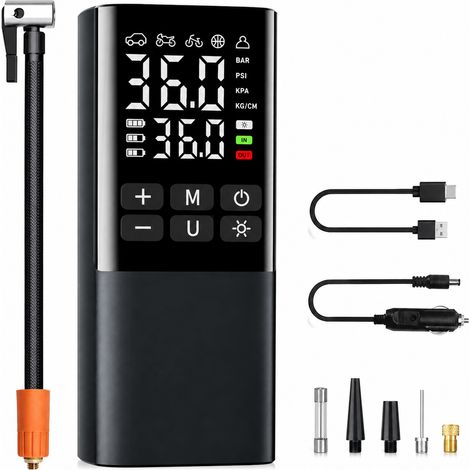 Compresseur d'Air Portable Sans Fil Noir Voiture Pompe Électrique Pneus Affichage Digital Arrêt Auto (1/5)
