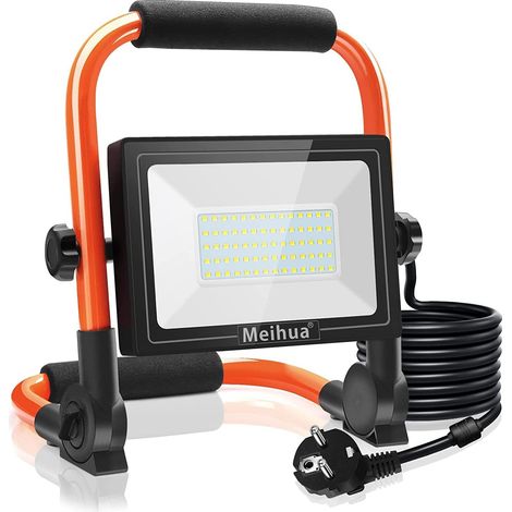 Projecteur de Chantier 60W, Lampe LED Chantier 6000LM, Lampe de travail Portable avec Prise, Mince et Léger, Base Pliable, Câble de 3.5M, Eclairage Pour Camping Bricolage (1/5)