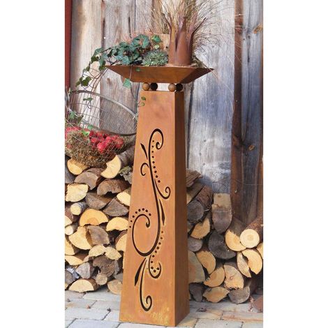 Colonne Fleurie en Métal Rouillé avec Vasque Décoration de Jardin Vintage Patinée 1m - PANGIVO