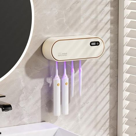 Brosse à Dents Désinfectante UV, Support de Brosse à Dents Mural avec Fonction Stérilisateur, Rechargeable par USB 1800 mAh, avec Fonction de séchage et minuterie (Blanc) (1/5)