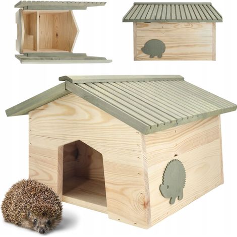 Casita de madera grande y decorativa para erizos, de color verde, con base, para jardín, 38x44x28 cm. (1/5)