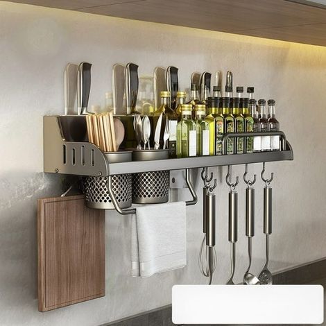 Multifunktionales Wandregal für Zuhause, Gewürzregal ohne Bohren, Küchenetagere mit 2 Tassen, 40 cm