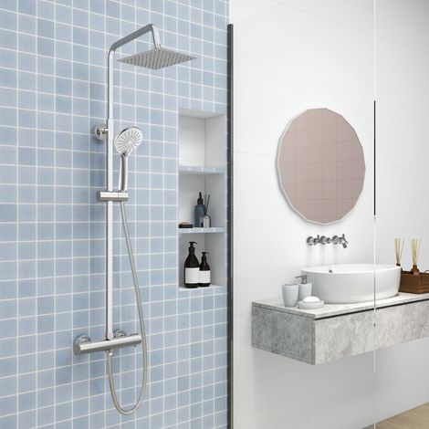 OCEAN ITALY Soffione doccia quadrato 20x20cm, saliscendi doccia fori a muro 15cm, miscelatore doccia termostatico 38℃ (1/5)
