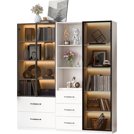 Vitrine LED 140 x 40 x 160 cm, bibliothèque et armoire multifonction avec compartiments en verre et ouverts, charnières Soft-Close, éclairage LED multicolore, vitrine en verre anti-poussière (1/5)