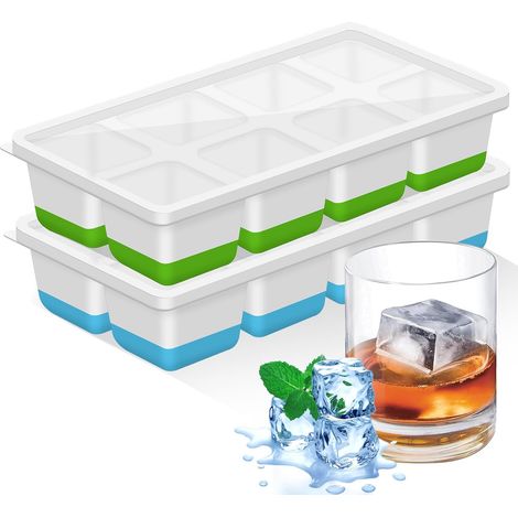 Grand Bac a Glacon,2 Pièces Moule à Glaçons,Bac à Glaçons en Silicone avec Couvercle pour Cocktails, Bière, Vin,Boissons Réfrigérées,Sans BPA, Empilable Reutilisable(Vert + Bleu) (1/5)