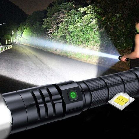 Extrem leistungsstarke LED-Taschenlampe mit 10.000 Lumen, USB-wiederaufladbar, taktische Militärtaschenlampe mit 5 Leuchtmodi, wasserdicht (IPX4), inklusive Batterie (1/4)