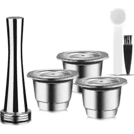 Capsule réutilisable en acier inoxydable, 3 coussinets rechargeables pour Nespresso + 1 tasseur + 1 cuillère + 1 (FMY) (1/4)