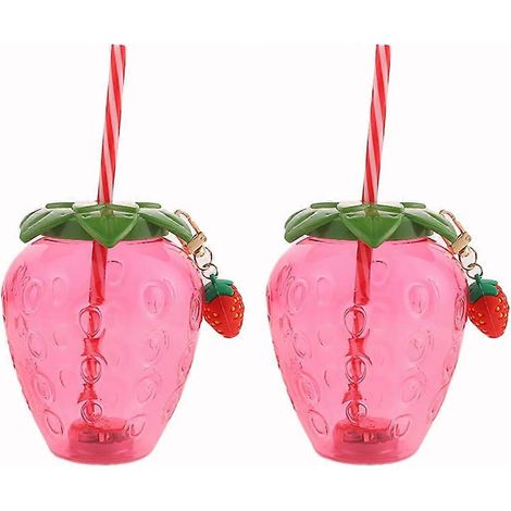 Lot de 2 gobelets Jelly avec couvercle et paille, joli gobelet fraise, tasse, bouteille d'eau en plastique, gobelet réutilisable pour boissons froides, bocal (1/5)