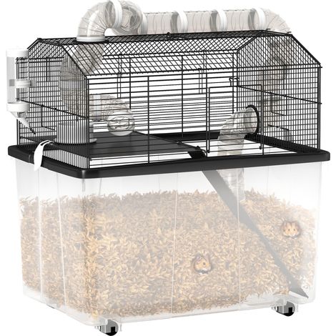Cage pour Hamster, avec Rampe, gamelle, Bouteille d'eau, système de tuyaux, 58 x 43 x 57 cm, Noir (1/5)