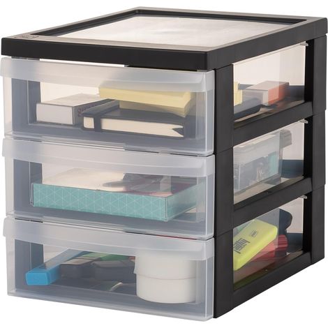 Tour de Rangement Plastique, 3 Petits Tiroirs, Noir, Ouverture Facile, Format A5, Meuble, Organisateur, Fournitures, pour Bureau, Fourniture Scolaire, Papeterie, Sans BPA, DC-A5