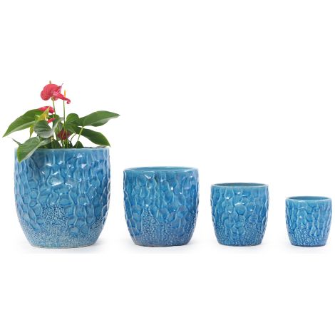 Ensemble de 4 pots de fleurs en céramique faits main (Ø 38/30/22,5/18 cm), bleu brillant à relief martelé rond, respirants, résistants au gel avec trous de drainage pour intérieur, balcon et jardin – (1/5)