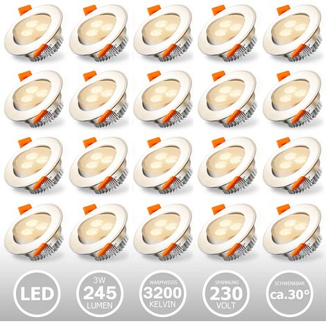 20x LED Einbaustrahler Deckenleuchte Einbauleuchte 3W WarmWeiß 245LM 3200K Decken-Spots mit Trafo (1/5)
