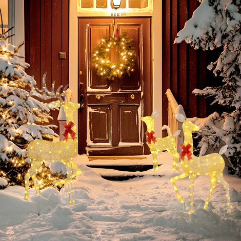 3 ciervos navideños luminosos, con forma de familia de ciervos, renos navideños luminosos, hechos de acero, 283 LED blancos cálidos, dorados (1/5)
