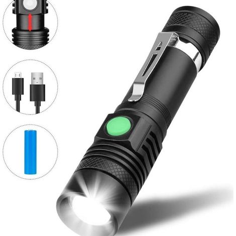 3 Modes Lampe Torche Rechargeable USB, Lampe de Poche LED, Anti-Choc Étanche et Zoomable avec 1 Piles 18650 et Chargeur USB pour Ménage, Camping, Éclairage de Secours (1/5)