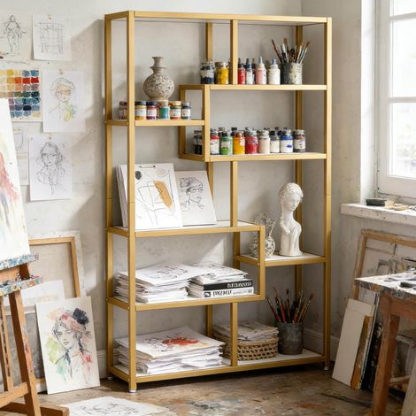 Librería abierta de 8 estantes, metal dorado y madera blanca 180 x 100 x 30 cm OKMYHOME (1/5)