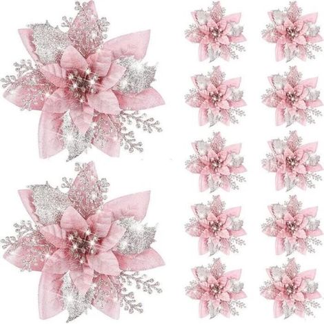 Fleurs Artificielles à Paillettes de 14.5cm,10 Pièces, Décoration d\'Arbre de Noël, Ornements de Noël, Fausses Fleurs Natales-Rose (1/4)