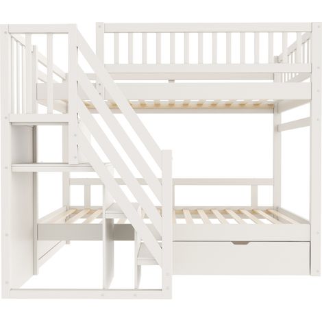 Litera 90 x 200 cm de madera blanca con escalera de almacenaje y cajones (1/5)