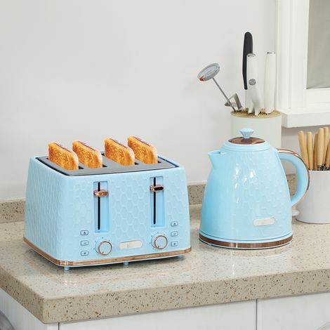 Light Blue 1.7L Fast Boil Kettle and Four-Slice Toaster Set with Honeycomb Design,Auto Pop Up,and Easy Cleaning Features