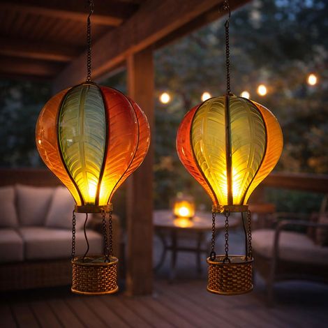 Solarleuchte Heißluftballon Hängelampe Außen Flammeneffekt LED Gartendeko mehrfarbig, Metall Kunststoff, LED warmweiß, DxH 19,5x55 cm, 2er Set