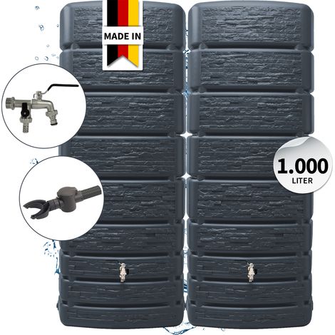 4rain SLIM STONE DECOR Regentonnen Wandtank-SET Komplett-Set 1000 Liter graphite grey, 2 x SLIM STONE DECOR 500 Liter inkl. Verbinder und Fallrohranschluss (1/5)