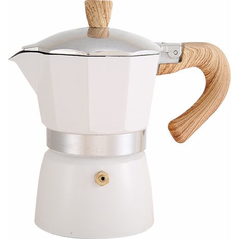 Moka en aluminium beige 150 ml, cafetière portable avec poignée imitation bois, pour extérieur, outil à café moka.