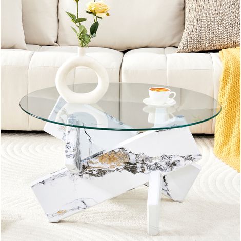 Table basse ronde en verre et MDF blanc effet marbre, plateau en verre trempé 0,8 cm, diamètre 79 cm, hauteur 45 cm, piètement croisé – de FLORAGRACE (1/5)