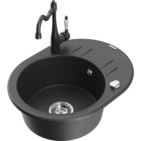 Mexen Kevin 1 Becken-Granitspüle mit Abtropffläche und Mischbatterie Carla, Schwarz gesprenkelt - 6517-76-670700-76 (1/5)