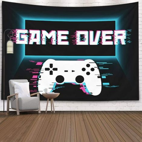 Tenture murale décorative chambre - Game Over manette écran - 200x150 cm grande - toile murale tissu - tapisserie esthétique panoramique décoration (1/3)