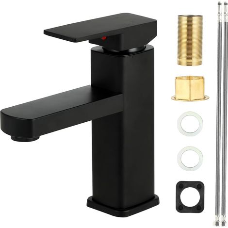 Bathroom Tap - Black Brass Basin Mixer Tap - Modern Bathroom Sink Tap with 60cm Hot/Cold Water - Bathroom Mixer Tap for Sink, Washbasin, Toilet (Black) (1/5)