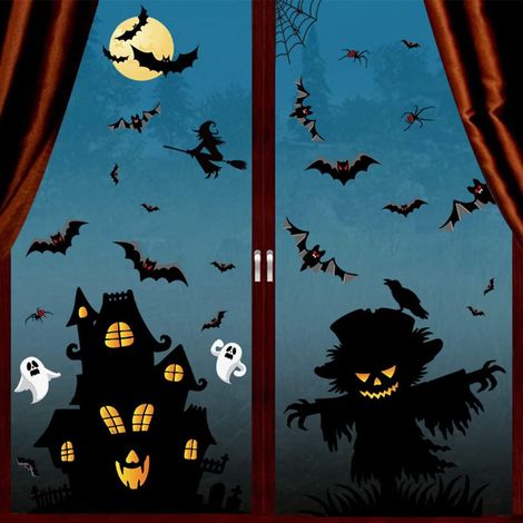 4 pcs Halloween Fenêtre Autocollants, Château Araignée Chauve-Souris Fantôme De Sorcière, Fenêtre En Verre Décoration Murale Autocollants (Noir) (1/2)