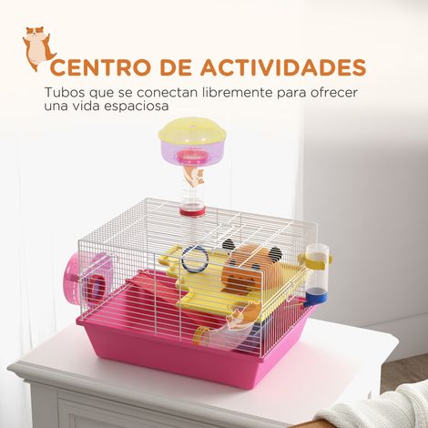 Cage pour hamster avec gamelle d'eau. roue d'exercice. tour d'observation et maisonnette 34x27x25 cm Rose (1/5)