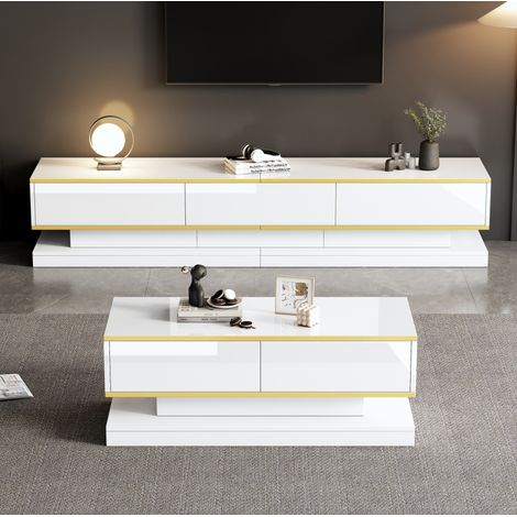 meuble rangement salon tv table basse 200 cm blanc gold OKMYHOME (1/5)